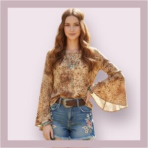 Karlie Animal Print Boho Long Flare Sleeve Blouse Size S